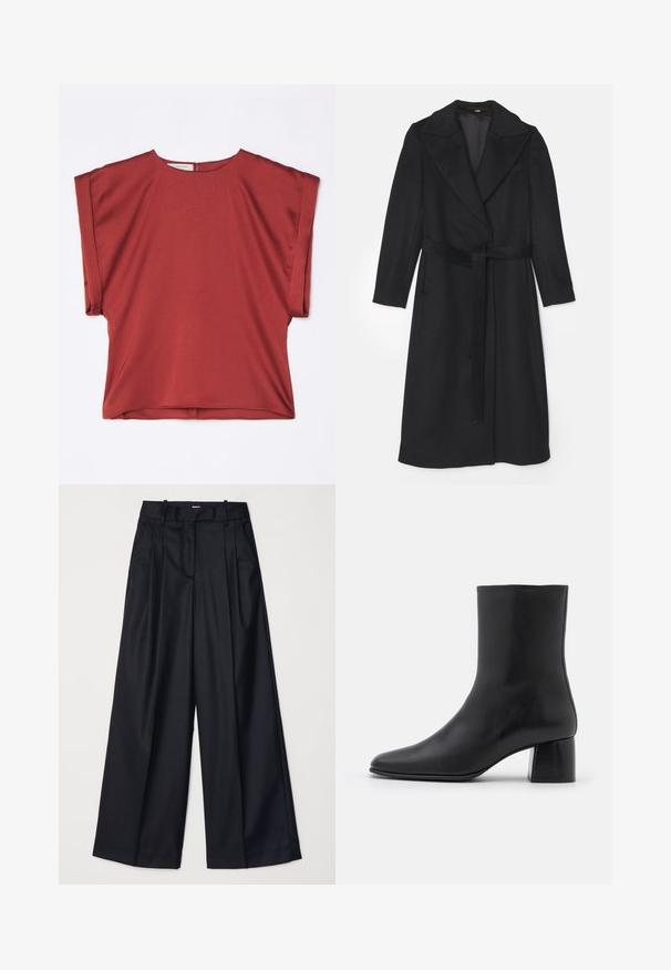 Abrigo de lana negro con un diseño de doble botonadura, solapas anchas, mangas largas y un cinturón a juego en la cintura. Textura suave, con un diseño minimalista.; Top rojo de manga corta, confeccionado en una tela suave con escote redondo y un ajuste holgado. Presenta un cierre en la parte posterior y un diseño de hombros caídos.; Pantalones de pierna ancha negros, confeccionados en una tela suave, con una cintura alta, pliegues y un diseño ajustado. Accesorios sencillos en negro en la cintura.; Botín negro de cuero hasta el tobillo con punta afilada y un tacón cuadrado y grueso. Textura suave con un diseño sin costuras y un estilo minimalista en las costuras.