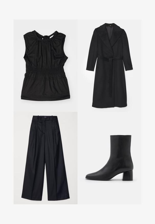 Casaco de lã preto com design de dois botões, lapelas largas, mangas longas e um cinto correspondente na cintura. Textura suave, detalhes mínimos.; Top preto sem mangas com decote franzido, cintura agrupada e fecho com laço estreito nas costas. Feito de tecido suave.; Calças largas pretas feitas de um tecido suave, com uma cintura alta, plissados e um design sob medida. Acessórios pretos simples na cintura.; Botim de pele preta até ao tornozelo com biqueira pontiaguda e salto quadrado robusto. Textura suave com um design sem costuras e costura minimalista.