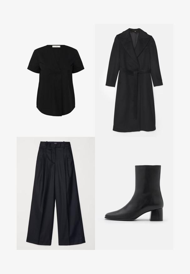 Črn volnen plašč z dvojno zapenjanko, širokimi reverji, dolgimi rokavi in usklajenim pasom v področju pasu. Gladek material, minimalne podrobnosti.; Črn top s kratkimi rokavi in rahlo ukrivljenim robom, ki ima V-izrez in skrit sprednji gub. Narejen iz gladkega, lahkega materiala.; Črne široke hlače iz gladkega blaga, z visokim pasom, naborki in prirejenim dizajnom. Preprosta črna strojna oprema na pasu.; Črne usnjene gležnjarje s koničastim nosom in masivnim kvadratnim peto. Gladka tekstura z brezšivnim dizajnom in minimalnim šivanjem.