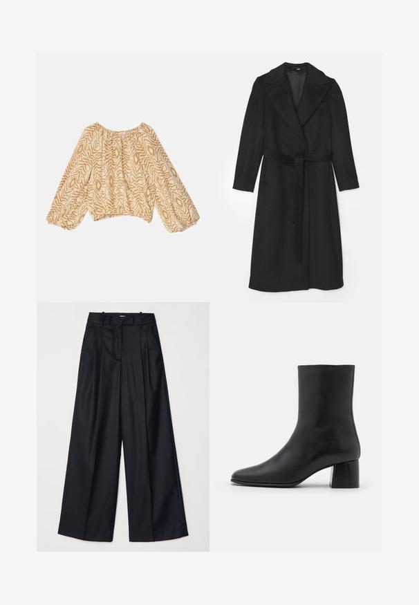 Cappotto di lana nera con design doppiopetto, ampi risvolti, maniche lunghe e una cintura abbinata in vita. Texture liscia, dettagli minimi.; Blusa leggera beige con un motivo astratto a onde in tonalità più scure. Presenta un colletto arricciato e maniche soffici elasticizzate.; Pantaloni neri a gamba larga realizzati in un tessuto morbido, con vita alta, pieghe e un design sartoriale. Finiture semplici in nero in vita.; Stivali ankle in pelle nera con punta affusolata e tacco quadrato grosso. Texture liscia con un design senza cuciture e cuciture minimaliste.