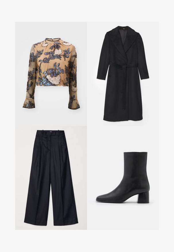 Černý vlněný kabát s dvojitým zapínáním, širokými klopami, dlouhými rukávy a odpovídajícím pásem v pase. Hladká textura, minimální detaily.; MUNTHE SERINO - Blůza - camel; Černé kalhoty s širokými nohavicemi vyrobené z hladkého materiálu, s vysokým pasem, sklady a přizpůsobeným střihem. Jednoduché černé kování v pase.; Černé kožené kotníkové boty s špičatou špičkou a robustním čtvercovým podpatek. Hladká textura s bezšvovým designem a minimalistickým prošíváním.