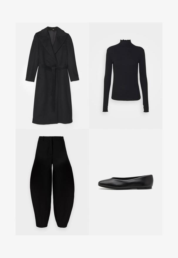 Black wool coat with a double-breasted design, wide lapels, long sleeves, and a matching belt at the waist. Smooth texture, minimal detailing.; Black long-sleeve turtleneck top made of smooth fabric, featuring a ruffled neck and fitted silhouette with simple edges.; Black wide-leg trousers with a high waist, pleated front, and tapered ankles. Made from smooth fabric with a matte finish.; Paul Smith TOPANGA - Ballet pumps - black