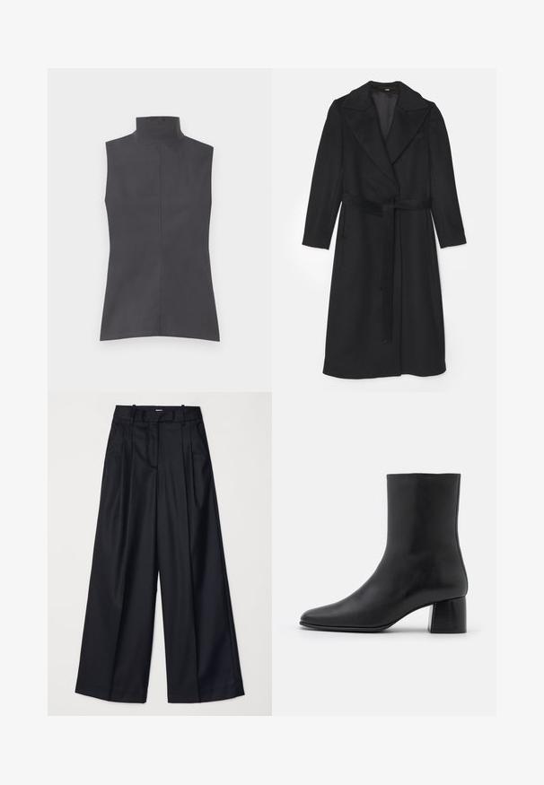 Juodas vilnonis paltas su dvigubo uždarymo dizainu, plačiais atlapais, ilgomis rankovėmis ir derančiu diržu liemens srityje. Lygi tekstūra, minimalus detaalių kiekis.; Mieganti maikė tamsiai pilkos spalvos, turinti aukštą apykaklę, švarias linijas ir lygią tekstūrą. Paprastas dizainas be raštų ar papuošimų.; Juodos plačios kojų kelnės, pagamintos iš lygaus audinio, su aukštu liemeniu, klostėmis ir pritaikytu dizainu. Paprasta juoda detalių sistema liemens srityje.; Juodas odinis kulkšninis botas su smailiu pirštu ir masyviu kvadratiniu kulnu. Lygus paviršius be siūlių ir minimalizmu išsiskiriantis dizainas.
