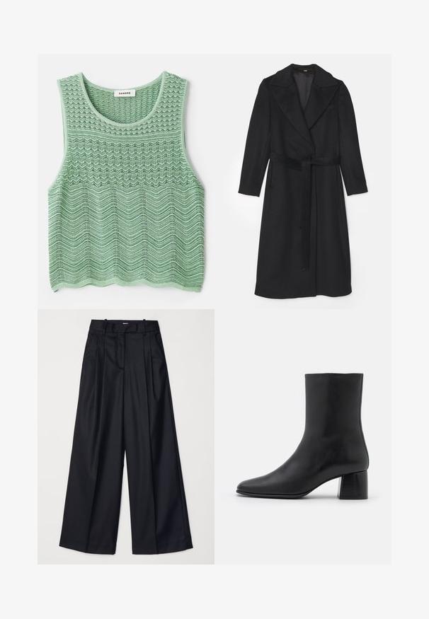 Black wool coat with a double-breasted design, wide lapels, long sleeves, and a matching belt at the waist. Smooth texture, minimal detailing.; Green knitted sleeveless top with a textured wave pattern, featuring a rounded neckline and straight hem. Label: Sandro.; Black wide-leg trousers made of smooth fabric, featuring a high waist, pleats, and a tailored design. Simple black hardware at the waist.; Black leather ankle boot with a pointed toe and a chunky square heel. Smooth texture with a seamless design and minimalistic stitching.