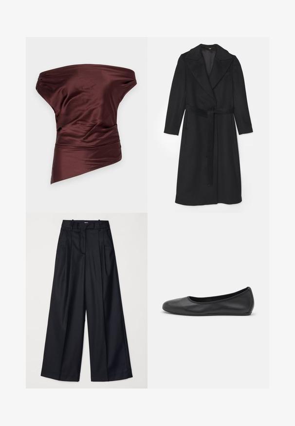 Mustmust kasukas, millel on kahekordne nööpide rida, laiad kraed, pikad varrukad ja sobiv vöö talje juures. Sile tekstuur, minimaalne kaunistus.; STAUD PHARE - Topp - merlot; Mustad laiad püksid, mis on valmistatud sileda kangaga, kõrge vöökoha, voldikute ja vormitud disainiga. Vöökoha juures on lihtne must riistvara.; Musthave mustika tantsutossud mustast nahast, ümmarguse varbaga, siledast tekstuurist, minimaalse õmblusdetailiga ja paindliku tallakujundusega.