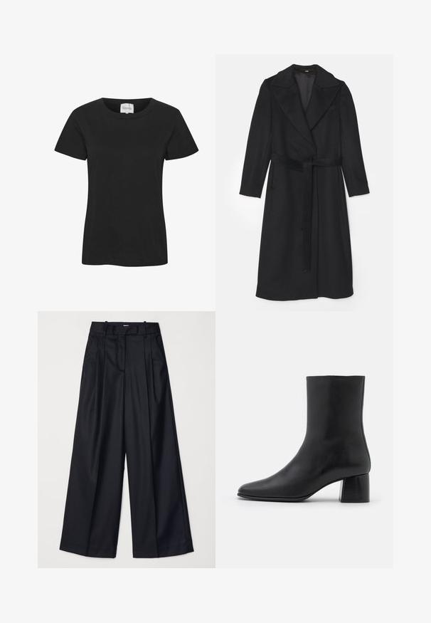 Cappotto di lana nera con design doppiopetto, ampi risvolti, maniche lunghe e una cintura abbinata in vita. Texture liscia, dettagli minimi.; T-shirt di cotone nero con scollo rotondo, maniche corte e orlo dritto. Il tessuto ha una consistenza liscia, senza motivi o dettagli visibili.; Pantaloni neri a gamba larga realizzati in un tessuto morbido, con vita alta, pieghe e un design sartoriale. Finiture semplici in nero in vita.; Stivali ankle in pelle nera con punta affusolata e tacco quadrato grosso. Texture liscia con un design senza cuciture e cuciture minimaliste.