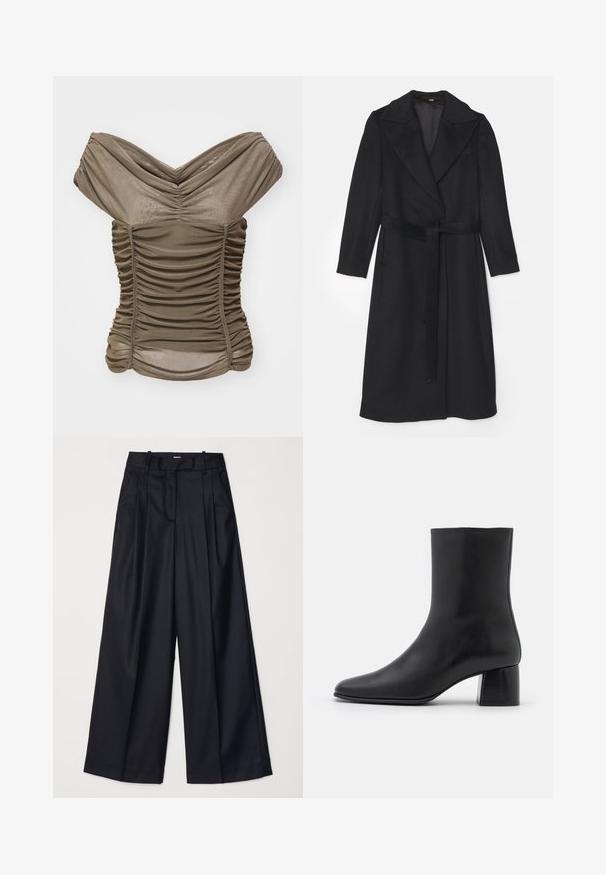 Čierny vlnený kabát s dvojitým zapínaním, širokými klopami, dlhými rukávmi a zladeným opaskom v páse. Hladká textúra, minimálne detaily.; Olivovo zelený top s odhalenými ramenami a naťahovanými detailmi, vyrobený z jemného, elastického materiálu, s priliehavým strihom a zbračovaným výstrihom.; Čierne široké nohavice vyrobené z hladkej tkaniny, so zvýšeným pásom, plisovaním a strihom na mieru. Jednoduché čierne kovanie v oblasti pásu.; Čierna kožená členková čižma s špicatou špičkou a masívnym štvorcovým podpätkom. Hladká textura s bezšvovým dizajnom a minimalistickým prešívaním.