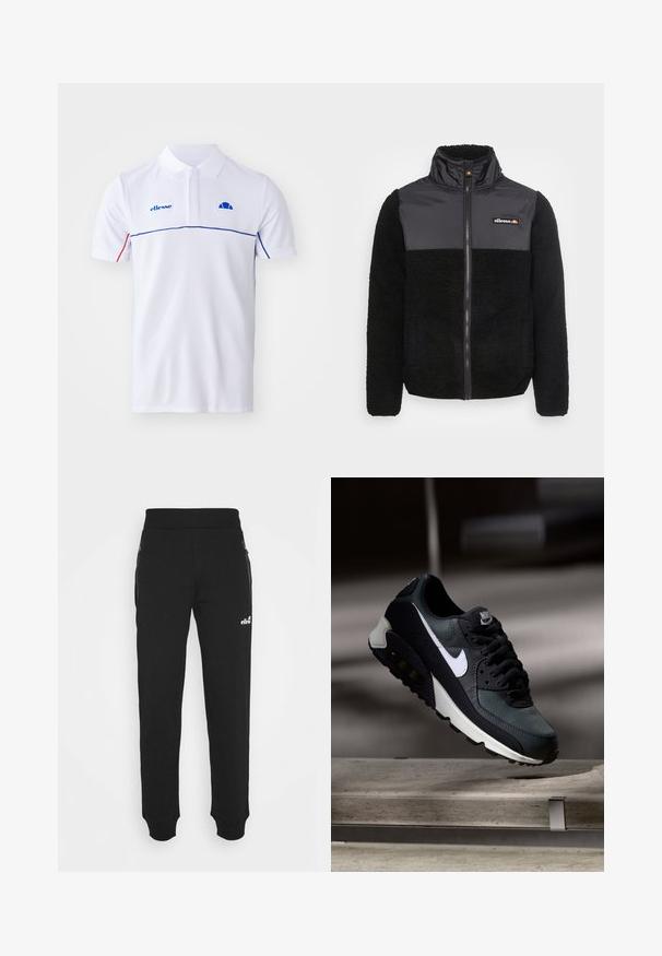 Mustan fleece-takkia, jossa on kiiltävä musta nylon yläosa, täyspitkä vetoketju, korkea kaulus ja logo rinnassa. Pehmeä rakenne, jossa on vastaava viimeistely.; Valkoinen polo-paita tekstuurisella kankaalla, jossa on sininen tehosteviiva. Ominaisuuksiin kuuluu kauluspaita, lyhyet hihat ja logo vasemmassa rinnassa.; Mustat collegehousut, jotka on valmistettu pehmeästä kankaasta, sisältävät kapenevan lahkeensuunnittelun, joustavyölenkin, sivutaskut vetoketjuilla ja pienen logoilmeen.; Mustat ja vihreät lenkkarit, joissa on kuvioitu verkkopinta, valkoinen swoosh-logo, pehmustettu nilkkapitoinen osa ja näkyvä ilmaa vaimentava yksikkö pohjassa.