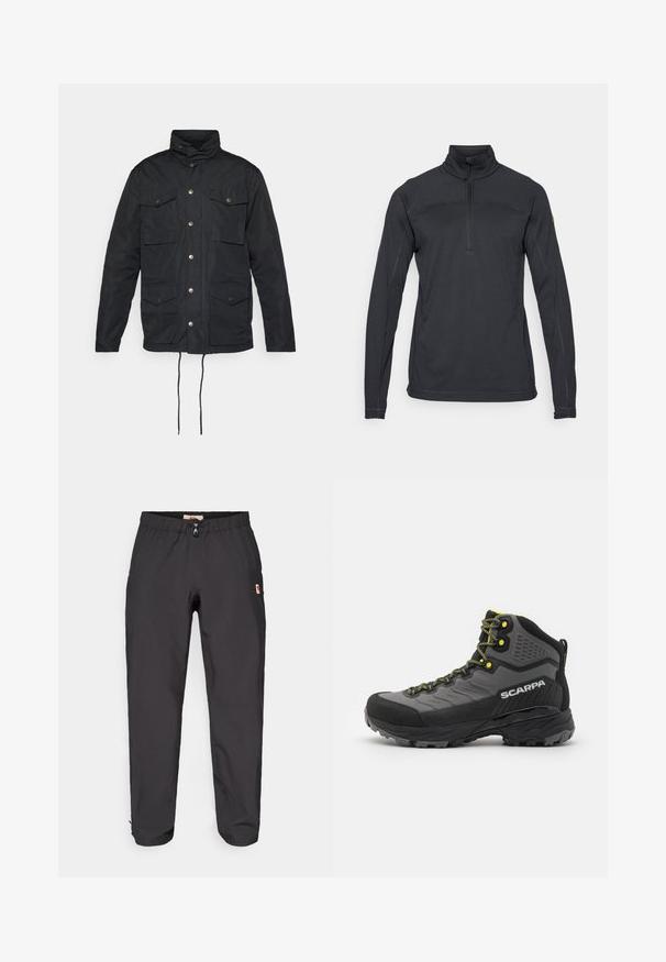 Chaqueta negra con un alto cuello, cierre de botones, cuatro bolsillos frontales y cordones ajustables en la cintura. Tejido liso y duradero.; Suéter negro con cuello de media cremallera, mangas largas, tejido texturizado y costuras reforzadas. Presenta un acento de logo en la manga.; Pantalones exteriores negros con cintura elástica y un pequeño parche de logo en el muslo derecho, exhibidos sobre un fondo blanco.; Bota de senderismo negra y gris con tejido texturizado, acentos amarillos brillantes, puntera reforzada y suela de goma con profundos relieves para una mejor tracción.