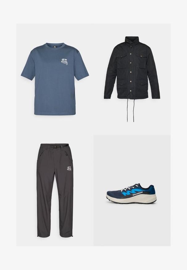 Black jacket featuring a high collar, button closure, four front pockets, and adjustable drawstrings at the waist. Smooth, durable fabric.; Blue crewneck T-shirt with short sleeves and small white graphic logo on left chest area.; Black outdoor trousers made of lightweight material, featuring a belt, multiple pockets, and a logo. Straight-leg design with elasticated waist.; Trail running shoe in navy blue with bright blue accents. Features mesh upper, padded collar, and textured rubber sole for grip.