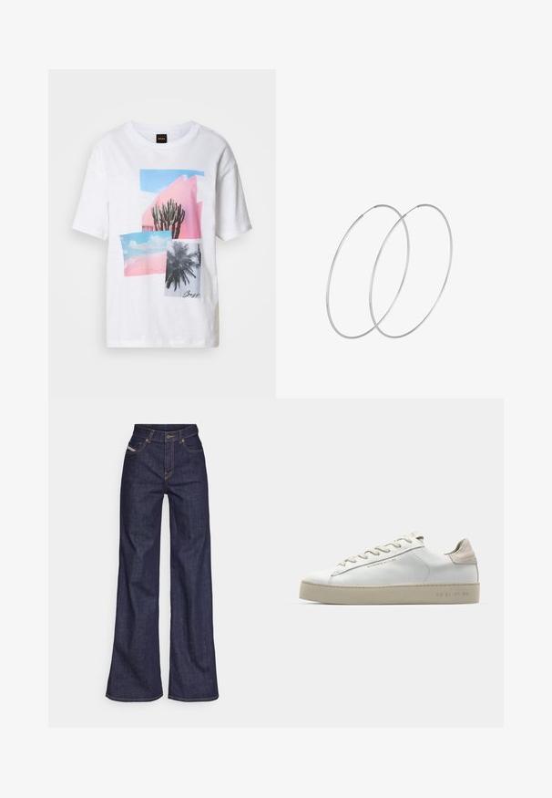 Marinblå trenchcoat med bälte i midjan, stor krage och knappade ärmar. Tillverkad av ett mjukt tyg, har en vadderad foder.; Vit t-shirt med kort ärm som har ett kollagetryck med kaktusar och palmer i nyanser av rosa och blått, med en texturerad tyg.; Mörkblå vida jeans i denimtyg med hög midja, med orange sömmar, femficksdesign och knappstängning.; Vit lädersneaker med en slät yta, beige mockadetaljer, rund tå, platt snörningsdesign och en texturerad gummisula.; Silverfärgade hoopörhängen med en minimalistisk design. Cirkulär form, slät yta och tunn profil. Lätta med en polerad finish.