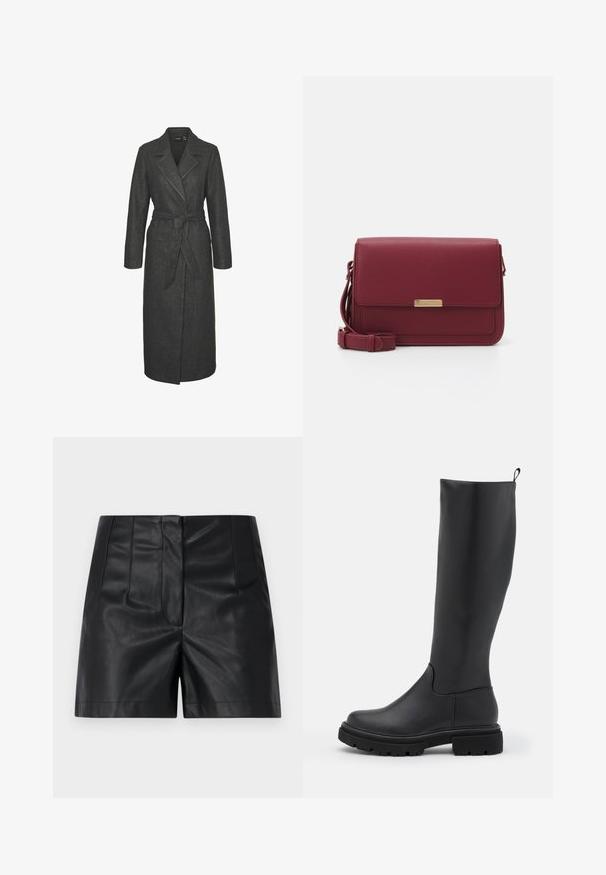 Long manteau en laine grise avec une taille ceinturée, des revers crantés et de longues manches. Il présente une silhouette droite et une finition texturée.; Haut bourgogne à manches longues avec un col rond, fabriqué en tissu doux. Présente un design ajusté et un ourlet droit. Aucun motif ni accent visible.; ONLY ONLRAVEN HERO - Short - black; Bottines noires montantes en matériau lisse et mat, avec une semelle épaisse, un bout arrondi et une languette en haut pour un enfilage facile.; Anna Field Sac bandoulière - bordeaux
