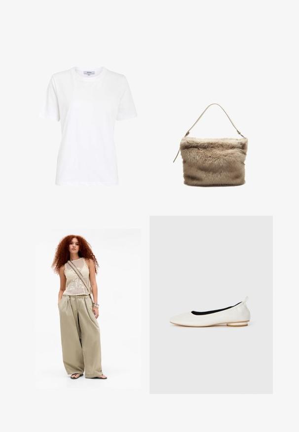 Beżowy płaszcz trench z podwójnym zapięciem, z guzikami jako akcentami i kołnierzem. Posiada długie rękawy i prostą sylwetkę. Gładka textura.; Biała bawełniana koszulka z okrągłym dekoltem, krótkimi rękawami i luźnym krojem, o prostym designie bez widocznych wzorów i akcentów.; Młoda kobieta z długimi kręconymi czerwonymi włosami, nosząca beżowy bezrękawnik, szerokie khaki spodnie, klapki, torbę na ramię i bransoletki.; Białe skórzane baleriny z okrągłym noskiem, niskim podwyższonym obcasem, czarnym wnętrzem i pętelką z tyłu, zaprezentowane w profilu bocznym na białym tle.; Torebka z futra syntetycznego w jasnym beżu o miękkiej, teksturowanej powierzchni. Posiada jeden cienki pasek i prostokątny kształt z puszystą górną krawędzią.