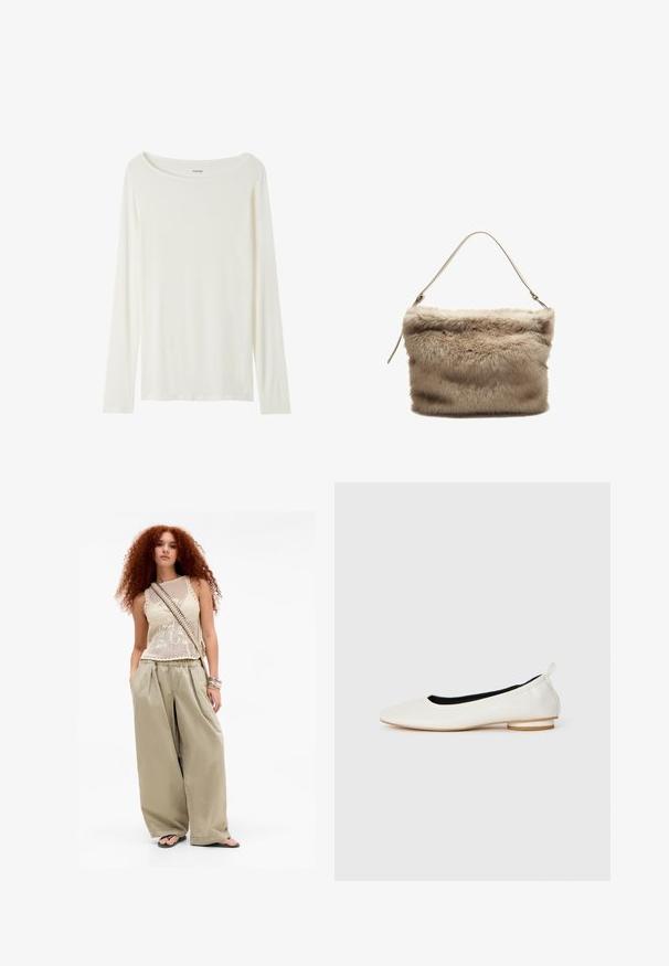 Beige trench coat with double-breasted front, button accents, and a collar. Features long sleeves and a straight silhouette. Smooth texture.; Long-sleeve, crew neck top in cream color made from soft fabric. Features a straight cut and minimalistic design without embellishments.; Young woman with long curly red hair wearing a beige sleeveless knit top, wide-legged khaki pants, flip-flops, crossbody bag, and bracelets.; White leather ballet flat with rounded toe, low stacked heel, black inner lining, and pull tab at the heel, shown in side profile on white background.; Faux fur handbag in light beige with a soft, textured surface. Features a single thin strap and a rectangular shape with a fluffy top edge.