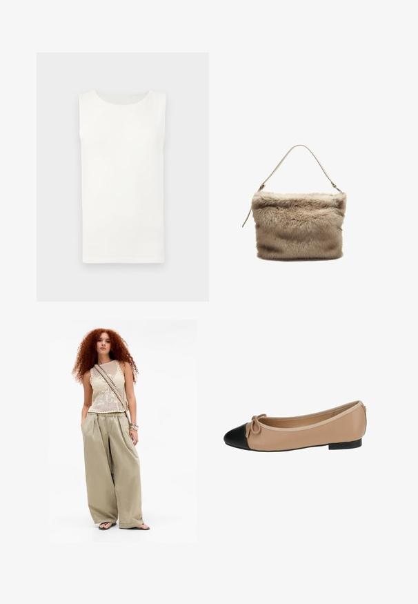 Beige Trenchcoat mit doppelter Knopfleiste, Knopfdetails und Kragen. Mit langen Ärmeln und geradem Schnitt. Glatte Textur.; Ärmelloses weißes Rundhalsoberteil mit geradem Saum, flach auf einem hellgrauen Hintergrund präsentiert.; Junge Frau mit langen, lockigen roten Haaren, die ein beiges, ärmelloses Stricktop, weite khakifarbene Hosen, Flip-Flops, eine Umhängetasche und Armbänder trägt.; Ballettflats aus beigem Leder mit einer schwarzen Kappe. Mit einer vorderen Schleifenverzierung und einer glatten Textur. Niedriges Profil mit einer Gummisohle.; Faux-Fur-Handtasche in hellbeige mit einer weichen, strukturierten Oberfläche. Sie verfügt über einen einzelnen dünnen Träger und hat eine rechteckige Form mit einem flauschigen oberen Rand.