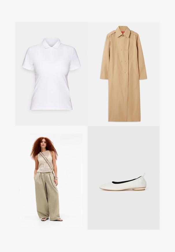 Trench coat bege com frente duplo botão, detalhes em botão e colarinho. Apresenta mangas longas e uma silhueta reta. Textura suave.; Camisa polo branca de manga curta com colarinho e quatro botões, exibida contra um fundo branco liso.; Jovem mulher com cabelo longo e encaracolado de cor vermelha, vestindo uma blusa de malha sem mangas bege, calças largas em caqui, chinelos, uma bolsa crossbody e pulseiras.; Ballet flat em couro branco com bico arredondado, salto baixo em camadas, forro interno preto e puxador no calcanhar, apresentado em perfil lateral sobre fundo branco.