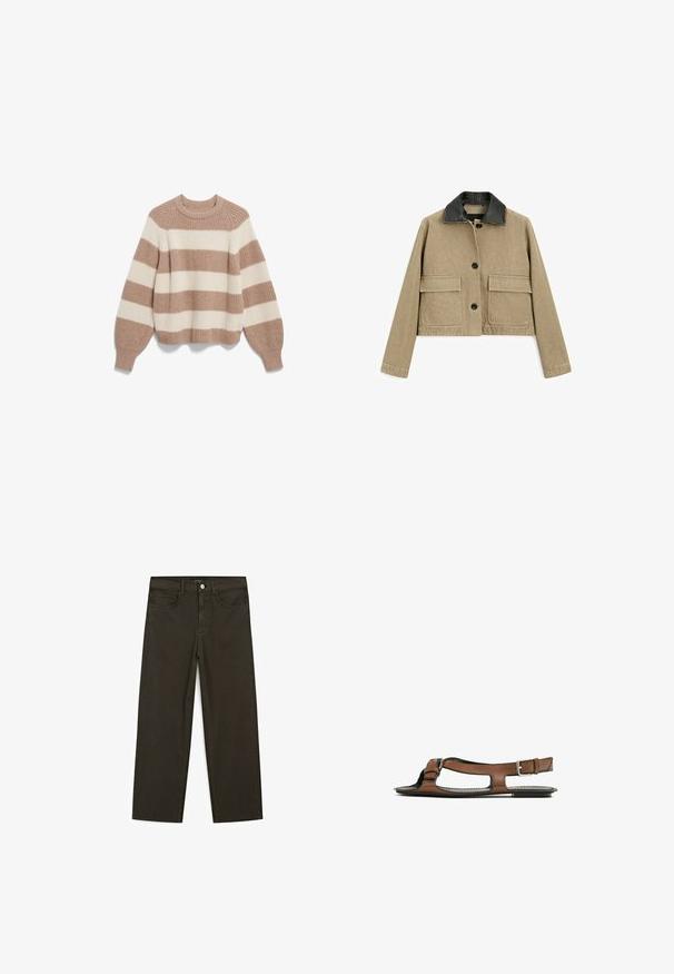 Veste courte en tissu beige avec deux poches avant, col en cuir noir et fermeture à boutons. Elle présente une finition texturée et un design ajusté.; Pull en maille épaisse avec de larges rayures horizontales beige et crème, col rond, et longues manches bouffantes avec des poignets ajustés.; Jeans large en denim vert foncé en mélange de coton, avec une fermeture à bouton à l'avant, cinq poches et des coutures classiques en denim.; Sandale en cuir brun avec un bout ouvert et des découpes sur les côtés. Présente une sangle de cheville avec une boucle en métal et une semelle plate.