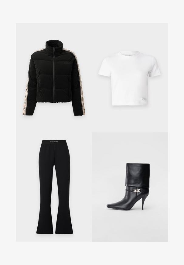 Casaco puffer preto com colarinho alto, fecho de correr e mangas estampadas com um destaque de logotipo em bege. Design acolchoado horizontal.; T-shirt cropped branco feito de algodão suave, com um decote alto e mangas curtas. Pequeno logótipo bordado no canto inferior.; Calças pretas evasê feitas de tecido stretch com cós elástico e logótipo "JOOP! JEANS". Textura suave com silhueta ajustada.; Bota de tornozelo em couro preto com bico fino, alto salto stiletto, punho dobrado e detalhe decorativo em fivela dourada no tornozelo.