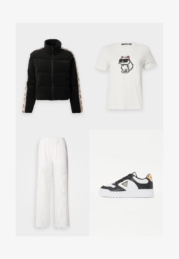 Zwarte pufferjas met een hoge kraag, ritsluiting en gestreepte mouwen met een beige logo-accent. Horizontaal gestikt ontwerp.; Witte katoenen T-shirt met een cartoonkat met rode accenten en donkere zonnebril. Ronde halslijn en korte mouwen.; Witte katoenen broek met een gekartelde zoom, voorzien van gaatjespatronen en een relaxte pasvorm, ontworpen met een elastische waistband voor comfort.; Zwart-witte sneaker van leer en textuurstof, met een driehoekig logo, een gouden accent op de hak en een witte rubberen zool.