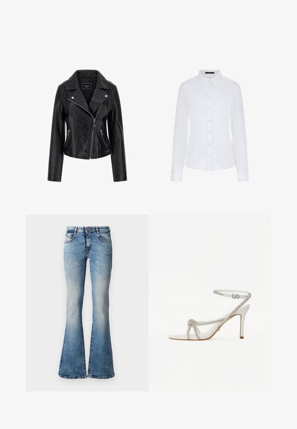 Black leather motorcycle jacket featuring a notched collar, asymmetrical zip closure, and zippered side pockets. Smooth texture with minimal detailing.; White long-sleeve shirt featuring a collar, button-down front, and cuffs. Made of smooth fabric with a fitted design and no visible patterns.; Light blue flared jeans made of denim with a faded wash, five pockets, and belt loops, featuring a button and zip closure.; White high-heeled sandal with a textured strap featuring rhinestones, open toe design, and ankle strap with adjustable buckle.