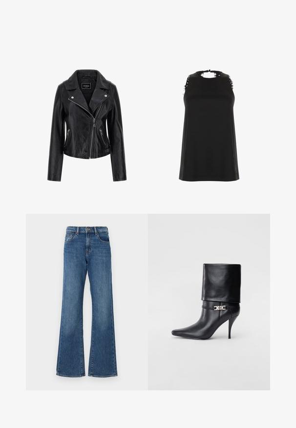 Fekete bőr motoros dzseki, amely kivágott gallérral, aszimmetrikus cipzáras záródással és cipzáras oldalsó zsebekkel rendelkezik. Simább felület, minimális részletezéssel.; Fekete, ujj nélküli felső, magas nyakkivágással, amely szakadt csipke díszítéssel rendelkezik a vállaknál, és sima, puha tapintású.; Kék farmer, bővülő szárú nadrág magas derékkal, öt zsebbel és gombos záródással. Az anyag enyhén elhalványított felületű.; Fekete bőr bokacsizma hegyes orral, magas stiletto sarokkal, hajtott szegéllyel és arany díszcsattal a bokán.