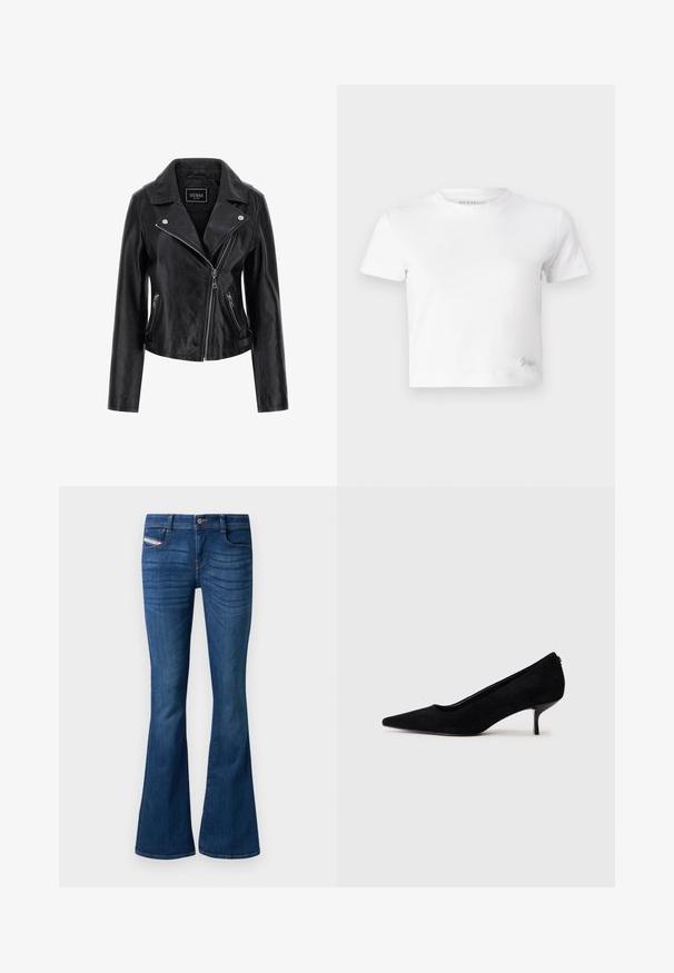 Črna usnjena motoristična jopica z izrezanim ovratnikom, asimetričnim zapiranjem na zadrgo in žepi na straneh z zadrgo. Gladka tekstura z minimalnimi detajli.; Bela skrajšana majica iz gladkega bombaža, z visokim ovratnikom in kratkimi rokavi. Majhen vezen logotip v spodnjem kotu.; Modri flare denim kavbojki z gladko teksturo, petimi žepi in gumbom za zapiranje. Imajo subtilno bledenje spredaj.; Črne semiš visoke pete z običajem in tankim, nizkim petom. Gladka tekstura s elegantnim dizajnom, brez vidnih kovinskih delov.