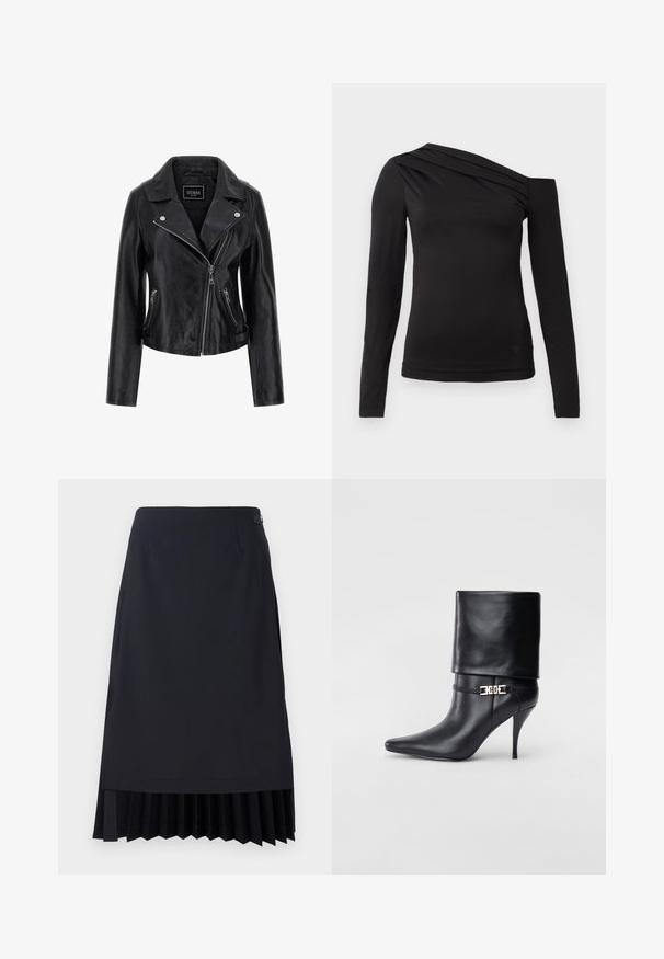 Giubbotto da motociclista in pelle nera con colletto a punta, chiusura con zip asimmetrica e tasche laterali con zip. Texture liscia con dettagli minimi.; Top manica lunga nera con scollatura asimmetrica, caratterizzato da una spalla scoperta e delicate drappeggi sul petto.; Gonna nera a matita con orlo plissettato, vestibilità sartoriale e texture liscia. Include una zip laterale discreta e dettagli minimalisti.; Stivale ankle in pelle nera con punta affusolata, alto tacco a stiletto, risvolto sulla caviglia e un elegante dettaglio in oro con fibbia decorativa.