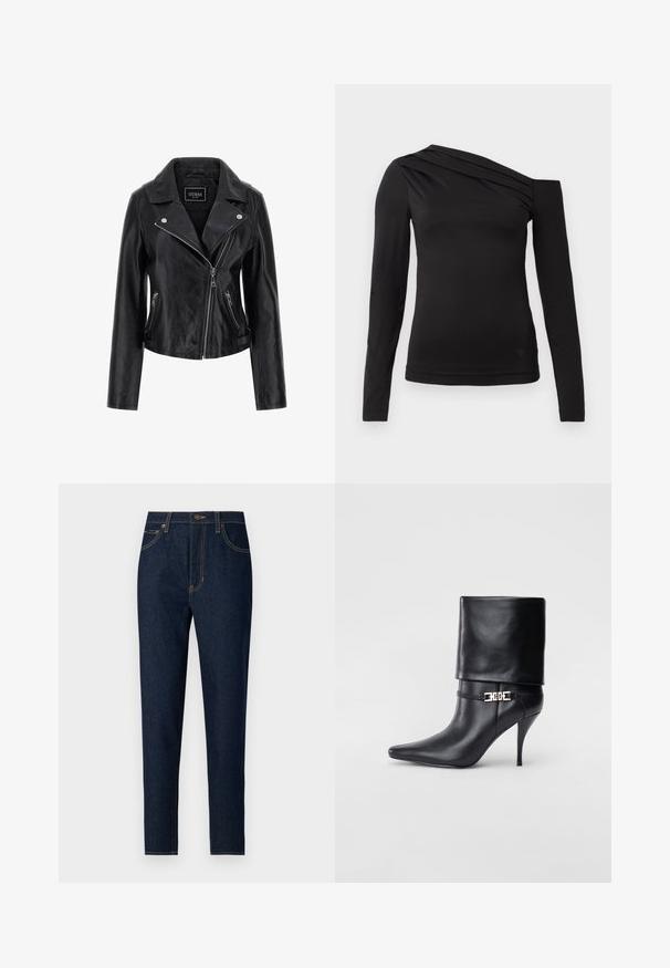 Černá kožená motocyklová bunda se zářezovým límcem, asymetrickým zipem a bočními kapsami na zip. Hladká textura s minimálním zdobením.; Černý top s dlouhým rukávem a asymetrickým výstřihem, jedním ramenem odkrytým a jemným drapováním přes hrudník.; Tmavomodré džíny s rovnými nohavicemi. Obsahují přední kapsy, zadní kapsy a kontrastní žluté švy. Klasické zapínání na knoflík.; Černé kožené kotníkové boty s špičatou špičkou, vysokým stiletto podpatkem, ohrnovací manžetou a zlatým ozdobným přezkovým detailem na kotníku.