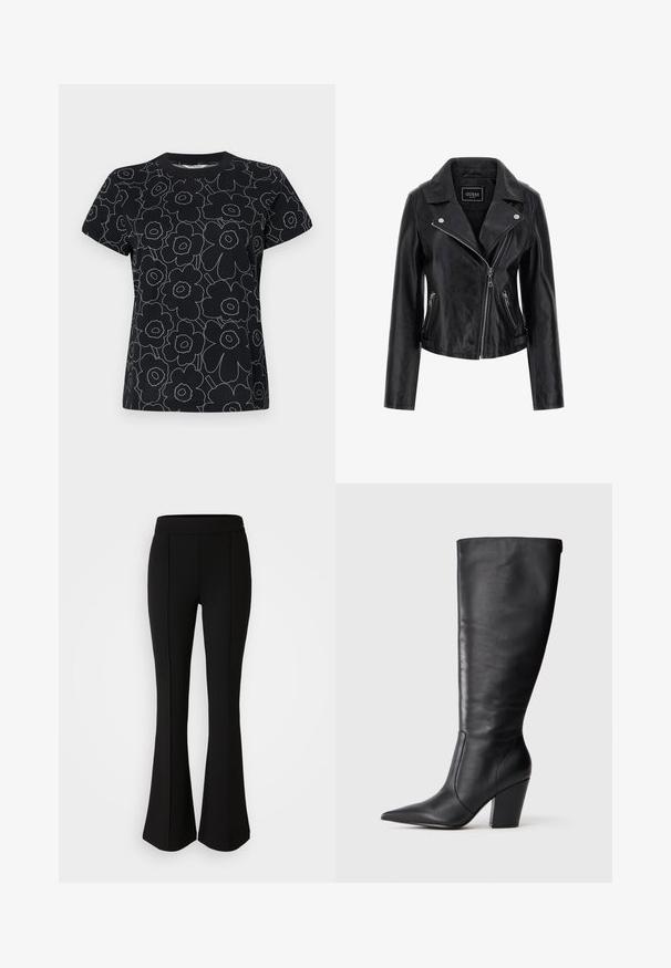 Crna kožna motociklistička jakna s oštrim ovratnikom, asimetričnim patentnim zatvaračem i bočnim džepovima na patentni zatvarač. Glatka tekstura s minimalnim detaljima.; Crna majica s kratkim rukavima i okruglim izrezom, ukrašena cvjetnim uzorkom obrubljenim bijelom bojom. Izrađena od pamučnog materijala s glatkom teksturom.; Crne raširene hlače izrađene od rastezljivog materijala s glatkom teksturom, s detaljima šava uz prednju stranu koji dodaju dizajnerski efekt.; Crne kožne čizme do koljena s šiljastim vrhom i debelim visokim potplatom, prikazane sa lijeve strane na bijeloj pozadini.