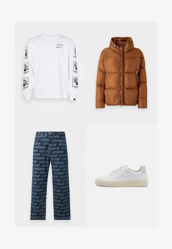 Iceberg PIUMINO - Down jacket - nocciola; White long-sleeve t-shirt made of cotton featuring black printed graphics on both sleeves and front, with ribbed cuff details.; Denim jeans in dark blue featuring an all-over repeated "ICECREAM" text pattern in a lighter shade. Straight leg cut with standard waistband.; White sneaker featuring a smooth leather upper, beige laces, and a textured beige suede heel tab. Elevated sole for added height.