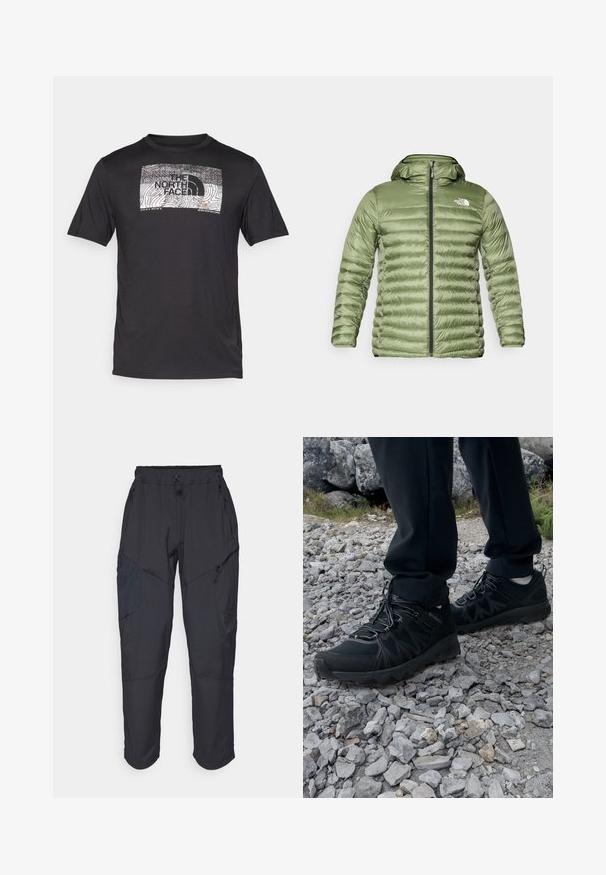 Chaqueta de plumas verde oliva con capucha, que presenta un diseño acolchado, cierre de cremallera y detalle de logo en la parte superior izquierda.; Camiseta negra de manga corta, con un gráfico en blanco y gris de líneas de contorno y el logo de "The North Face" en el frente.; Pantalones cargo negros hechos de un material ligero y resistente al agua; cuentan con una cintura elástica, múltiples bolsillos con cremallera y piernas ajustadas.; Zapatos exteriores negros con malla y material sintético, que presentan un upper texturizado, un sistema de cordones seguro y una suela robusta, sobre terreno rocoso.