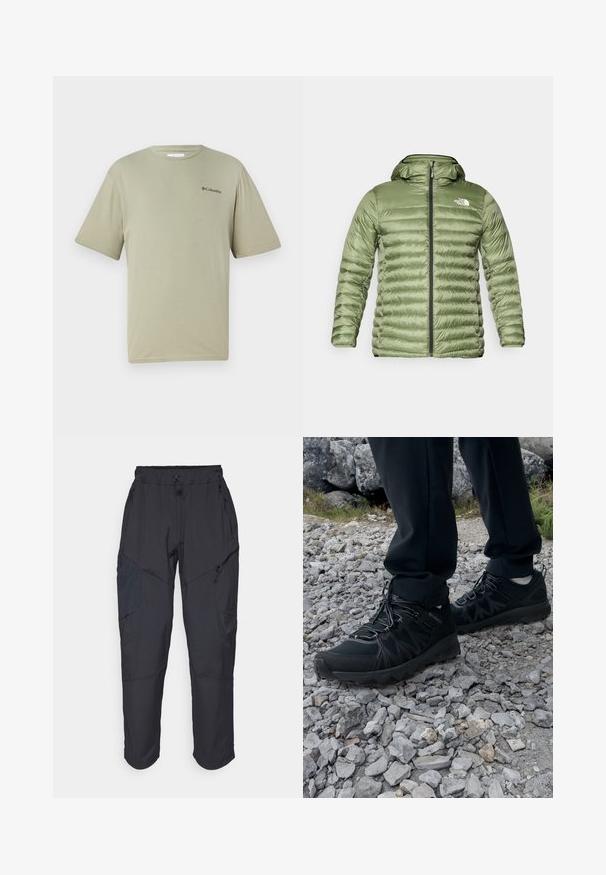 Olive green puffer jacket with a hood, featuring a quilted design, zipper closure, and logo accent on the upper left side.; Olive green short-sleeve t-shirt made of soft cotton. Features a round neckline and a small black logo on the upper left side.; Black cargo pants made from a lightweight, water-resistant material; features elastic waistband, multiple zippered pockets, and tapered legs.; Black outdoor shoes with mesh and synthetic material, featuring a textured upper, secured lacing system, and a rugged outsole, on rocky terrain.