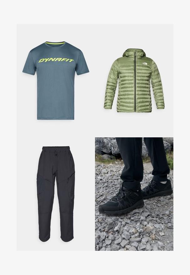 Oliven grøn pufferjakke med hætte, med et quiltet design, lynlåslukning og logoaccent på den øverste venstre side.; Blå kortærmet træningsskjorte med neon gul "DYNAFIT" logo henover brystet, rund hals og kontrast gul indvendig krave trim.; Sorte cargo bukser lavet af et let, vandafvisende materiale; har elastisk talje, flere lynlåslommer og tætsiddende ben.; Sorte udendørssko med mesh og syntetisk materiale, med en tekstureret overdel, sikre snørebånd og en robust ydersål, på klippelandskab.