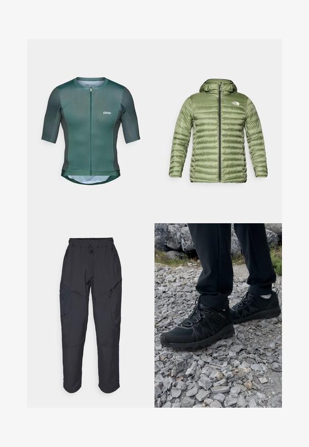 Giubbotto imbottito verde oliva con cappuccio, caratterizzato da un design trapuntato, chiusura con zip e logo in evidenza sulla parte superiore sinistra.; Maglia da ciclismo a maniche corte in tessuto verde scuro con una superficie liscia, dotata di zip frontale e logo bianco sul petto.; Pantaloni cargo neri realizzati in un materiale leggero e resistente all'acqua; presentano una vita elastica, diverse tasche con zip e gambe affusolate.; Scarpe da esterni nere realizzate in mesh e materiale sintetico, con una parte superiore testurizzata, un sistema di allacciatura sicuro e una suola robusta, su terreno roccioso.