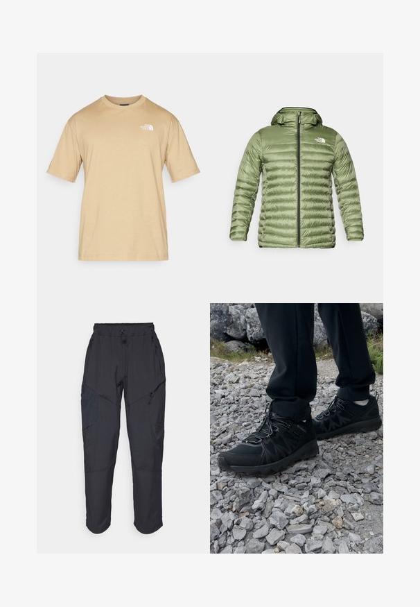 Casaco de puffer verde-oliva com capuz, apresentando um design acolchoado, fecho com zíper e detalhe do logótipo no lado superior esquerdo.; T-shirt bege de manga curta feito de tecido macio. Apresenta um pequeno logotipo branco no lado esquerdo do peito e um design de gola redonda.; Calças cargo pretas feitas de um material leve e resistente à água; apresentam uma cintura elástica, múltiplos bolsos com fecho e pernas ajustadas.; Sapatos pretos para exterior, feitos de material em malha e sintético, com um cabedal texturizado, sistema de atilho seguro e uma sola robusta, sobre terreno rochoso.