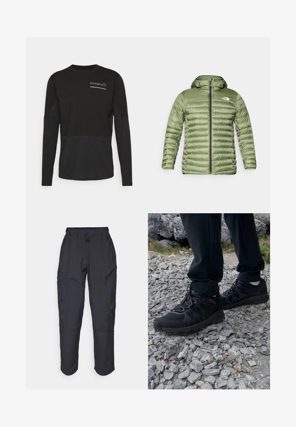 Casaco de puffer verde-oliva com capuz, apresentando um design acolchoado, fecho com zíper e detalhe do logótipo no lado superior esquerdo.; Norrøna SENJA EQUALISER LIGHTWEIGHT LONG SLEEVE - Camisola de manga comprida - caviar; Calças cargo pretas feitas de um material leve e resistente à água; apresentam uma cintura elástica, múltiplos bolsos com fecho e pernas ajustadas.; Sapatos pretos para exterior, feitos de material em malha e sintético, com um cabedal texturizado, sistema de atilho seguro e uma sola robusta, sobre terreno rochoso.