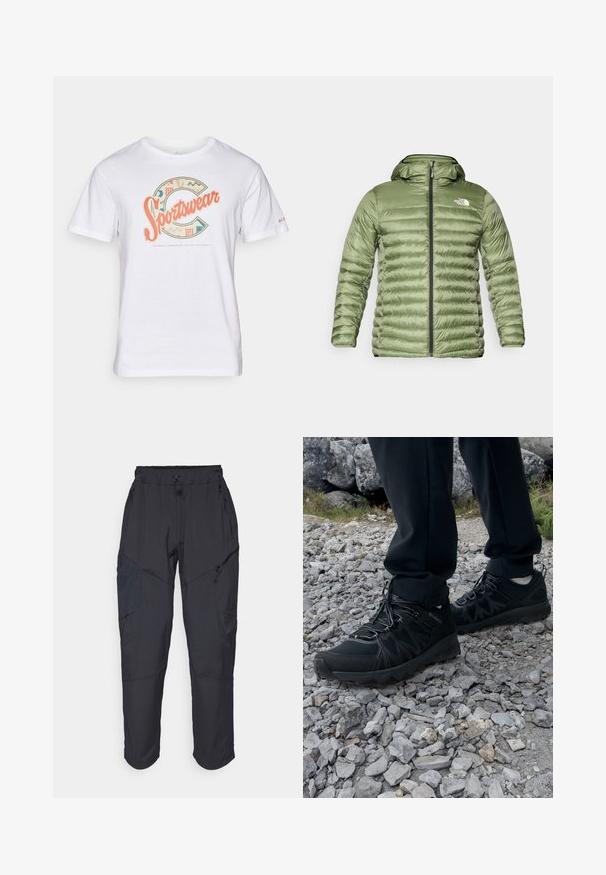 Olive green puffer jacket with a hood, featuring a quilted design, zipper closure, and logo accent on the upper left side.; White cotton t-shirt featuring a multicolored "Sportswear" graphic with geometric patterns and accents, round neckline, and short sleeves.; Black cargo pants made from a lightweight, water-resistant material; features elastic waistband, multiple zippered pockets, and tapered legs.; Black outdoor shoes with mesh and synthetic material, featuring a textured upper, secured lacing system, and a rugged outsole, on rocky terrain.