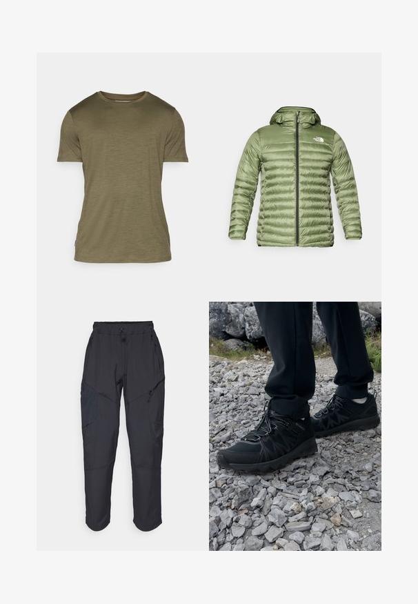 Casaco de puffer verde-oliva com capuz, apresentando um design acolchoado, fecho com zíper e detalhe do logótipo no lado superior esquerdo.; T-shirt de manga curta em mistura de algodão verde-oliva, com decote redondo, textura subtil e uma pequena etiqueta de logótipo na bainha.; Calças cargo pretas feitas de um material leve e resistente à água; apresentam uma cintura elástica, múltiplos bolsos com fecho e pernas ajustadas.; Sapatos pretos para exterior, feitos de material em malha e sintético, com um cabedal texturizado, sistema de atilho seguro e uma sola robusta, sobre terreno rochoso.