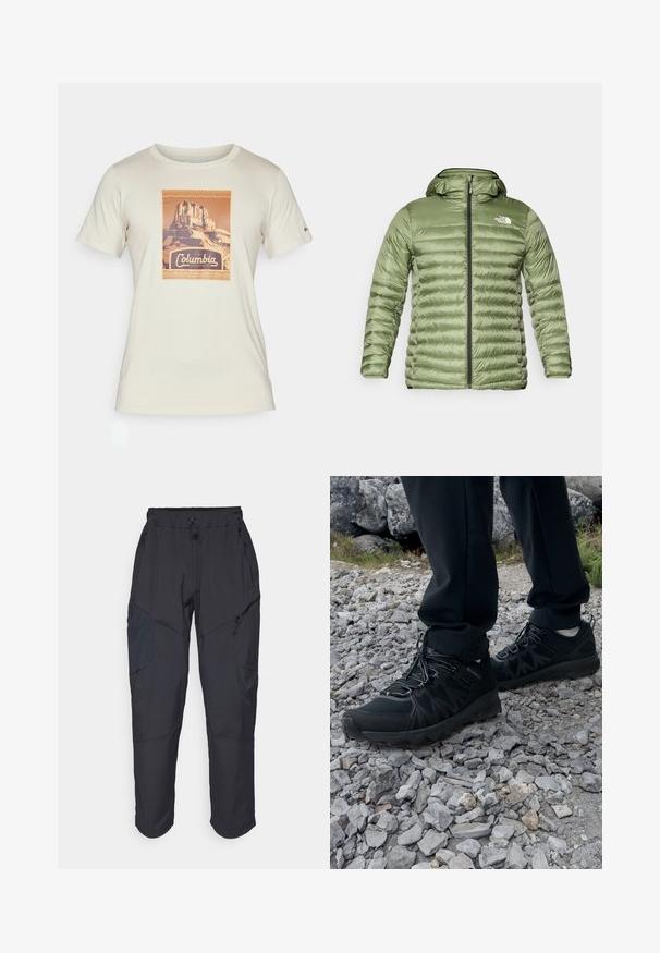 Oliven grønn puffjakke med hette, med en quiltet design, glidelås-lukking, og logo accent på øvre venstre side.; Columbia CSC™ SEASONAL LOGO TEE - T-shirts med print - cognac; Sorte cargo bukser laget av et lett, vannavvisende materiale; har elastisk midje, flere glidelåslommer og smale ben.; Sorte utendørssko i svart med mesh og syntetisk materiale, med en teksturert overdel, sikret snøresystem og en robust såle, på steinete terreng.