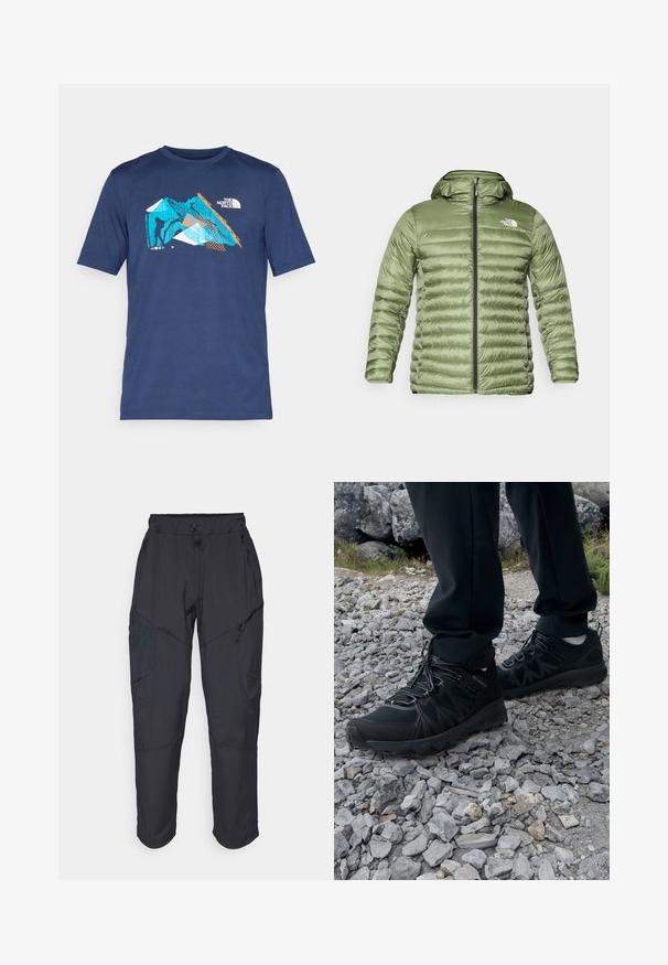 Oliivinvihreä puuvillapusero, jossa on huppu, tikattu muotoilu, vetoketjusulku ja logokoriste vasemmalla ylhäällä.; T-paita lyhyillä hihoilla, tummansininen, pehmeää kangasta, jossa on graafinen kuvio, jossa sinisiä, oransseja ja valkoisia yksityiskohtia, esittämässä vuoria ja kiipeilijää.; Mustat cargo-housut, jotka on valmistettu kevyestä, vettä hylkivästä materiaalista; niissä on joustava vyötärö, useita vetoketjullisia taskuja ja kapenevat lahkeet.; Mustat ulkokengät, joissa on verkko- ja synteettinen materiaali, teksturoitu päällinen, varma nauhoitusjärjestelmä ja kestävä pohja kivikkoisella maastolla.
