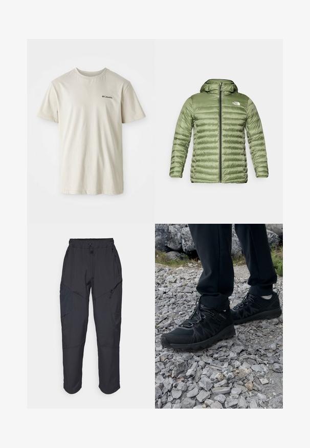 Olive green puffer jacket with a hood, featuring a quilted design, zipper closure, and logo accent on the upper left side.; Beige cotton t-shirt with short sleeves, crew neck, and a small black logo on the left chest area. Smooth, unadorned fabric.; Black cargo pants made from a lightweight, water-resistant material; features elastic waistband, multiple zippered pockets, and tapered legs.; Black outdoor shoes with mesh and synthetic material, featuring a textured upper, secured lacing system, and a rugged outsole, on rocky terrain.