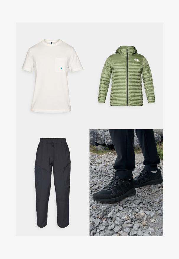 Casaco de puffer verde-oliva com capuz, apresentando um design acolchoado, fecho com zíper e detalhe do logótipo no lado superior esquerdo.; T-shirt de algodão branco com mangas curtas, decote redondo e um bolso no lado esquerdo do peito com um pequeno logótipo triangular azul.; Calças cargo pretas feitas de um material leve e resistente à água; apresentam uma cintura elástica, múltiplos bolsos com fecho e pernas ajustadas.; Sapatos pretos para exterior, feitos de material em malha e sintético, com um cabedal texturizado, sistema de atilho seguro e uma sola robusta, sobre terreno rochoso.