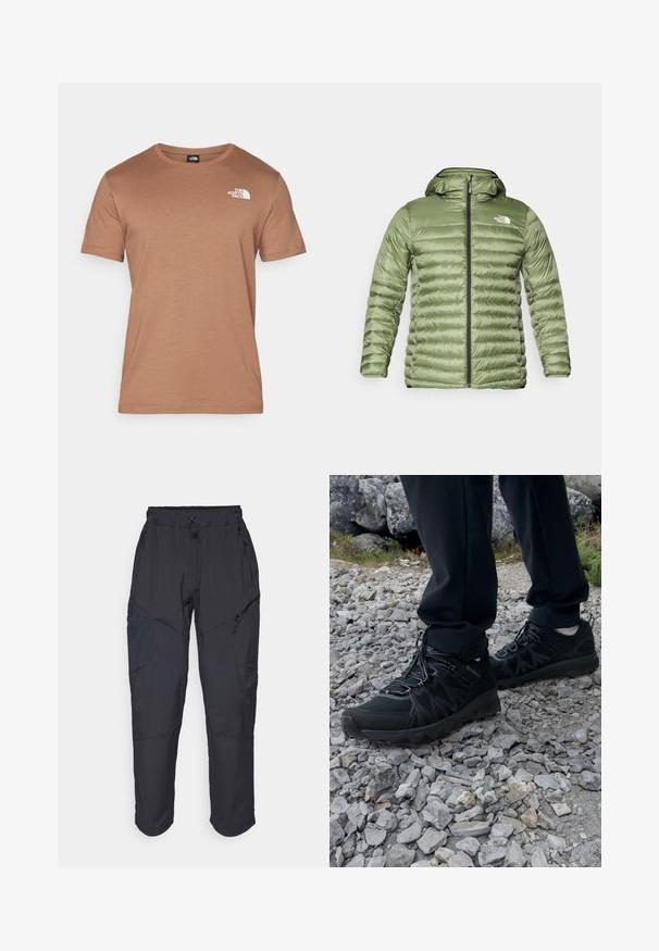 Olive green puffer jacket with a hood, featuring a quilted design, zipper closure, and logo accent on the upper left side.; Brown short-sleeve t-shirt made of soft material, featuring a crew neck and white logo on the left chest area. Smooth texture and minimal design.; Black cargo pants made from a lightweight, water-resistant material; features elastic waistband, multiple zippered pockets, and tapered legs.; Black outdoor shoes with mesh and synthetic material, featuring a textured upper, secured lacing system, and a rugged outsole, on rocky terrain.