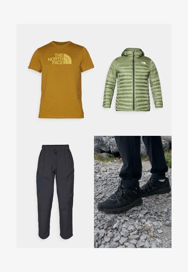 Oljčno zelena puhovka s kapuco, z nastavljeno quiltnim dizajnom, zadrgo za zapiranje in logotipom na zgornji levi strani.; Majica v gorčični barvi iz bombaža, z kratkimi rokavi in okroglo ovratnikom. Prikazuje logo "THE NORTH FACE" v svetlejši rumeni.; Črne cargo hlače iz lahkega, vodoodpornega materiala; imajo elastični pas, več žepov z zadrgo in ožja hlačnica.; Črne zunanje čevlje iz mrežastega in sintetičnega materiala, s teksturiranim zgornjim delom, zavarovanim sistemom vezalk in trdim podplatom, na skalnatem terenu.