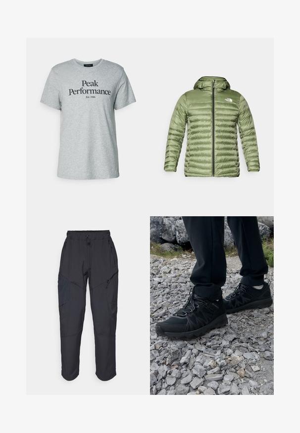 Olive green puffer jacket with a hood, featuring a quilted design, zipper closure, and logo accent on the upper left side.; Gray cotton t-shirt featuring short sleeves and round neckline, with black text saying "Peak Performance Est. 1986" across the front.; Black cargo pants made from a lightweight, water-resistant material; features elastic waistband, multiple zippered pockets, and tapered legs.; Black outdoor shoes with mesh and synthetic material, featuring a textured upper, secured lacing system, and a rugged outsole, on rocky terrain.