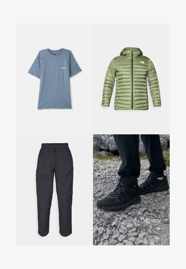 Oljčno zelena puhovka s kapuco, z nastavljeno quiltnim dizajnom, zadrgo za zapiranje in logotipom na zgornji levi strani.; Modra bombažna majica s kratkimi rokavi, okrogel izrez in majhen logotip na levem prsnem predelu. Mehak material, sproščen kroj.; Črne cargo hlače iz lahkega, vodoodpornega materiala; imajo elastični pas, več žepov z zadrgo in ožja hlačnica.; Črne zunanje čevlje iz mrežastega in sintetičnega materiala, s teksturiranim zgornjim delom, zavarovanim sistemom vezalk in trdim podplatom, na skalnatem terenu.