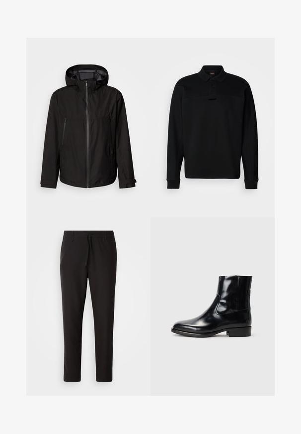 Black lightweight jacket with a hood, zip closure, two zippered side pockets, and adjustable cuff straps. Smooth texture, modern design.; Black long-sleeve polo shirt made of soft fabric, featuring a buttoned collar and subtle branding on the chest. Ribbed cuffs are present.; Black jogger pants made of smooth fabric. Feature an elastic waistband with a drawstring, tapered legs, and no visible pockets. Simple design.; Black leather ankle boots with a shiny finish, sleek design, and a rounded toe. Features elastic side panels and a low block heel.