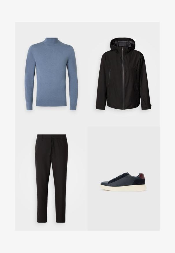 Jachetă neagră, ușoară, cu glugă, închidere cu fermoar, două buzunare laterale cu fermoar și curele ajustabile la manșete. Textură netedă, design modern.; Pulover cu guler înalt de culoare albastru deschis, realizat din țesătură tricotată, cu mâneci lungi, guler și tiv striați. Design simplu, fără modele vizibile.; Pantaloni de jogging negri, confecționați dintr-un material neted. Prezintă un talie elastică cu șnur, picioare conice și fără buzunare vizibile. Design simplu.; Sneakeruri pentru bărbați, cu talpă joasă, din piele neagră și suede, cu tab cuum maron și talpă din cauciuc alb, văzute din partea exterioară.