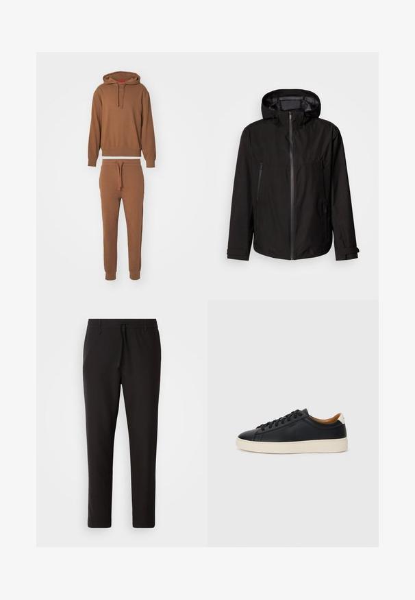 Černá lehká bunda s kapucí, zapínáním na zip, dvě postranní kapsy na zip a nastavitelnými pásky na zápěstí. Hladká textura, moderní design.; HUGO DAPODAYOTE - Mikina - medium brown; Černé teplákové kalhoty vyrobené z hladké látky. Mají elastický pas se šňůrkou, zúžené nohavice a žádné viditelné kapsy. Jednoduchý design.; Černé kožené tenisky s hladkým povrchem, béžovou gumovou podešví, šněrovacím designem a kontrastním akcentem na patě.