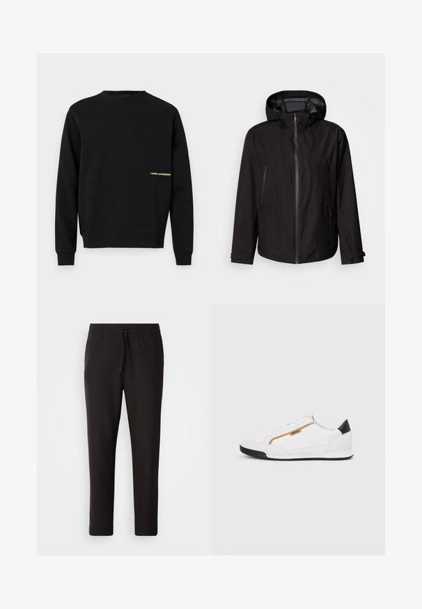 Μαύρο ελαφρύ μπουφάν με κουκούλα, φερμουάρ, δύο πλαινές τσέπες με φερμουάρ και ρυθμιζόμενα μανίκια. Λείο υλικό, μοντέρνος σχεδιασμός.; Μαύρο φούτερ από βαμβάκι, με στρογγυλή λαιμόκοψη, ριμπ μανίκια και στρίφωμα, διαθέτει μια μικρή χρυσή λεπτομέρεια λογότυπου στο στήθος.; Μαύρο παντελόνι τζόγκινγκ φτιαγμένο από λείο ύφασμα. Διαθέτει ελαστική μέση με κορδόνι, κωνικά πόδια και χωρίς ορατές τσέπες. Απλός σχεδιασμός.; Λευκά αθλητικά παπούτσια με λεπτομέρειες από διχτυωτό και δερμάτινο υλικό. Διαθέτουν χρυσό λογότυπο "BOSS", υφασμάτινες πλευρές με υφή και μαύρη κάλυψη στη φτέρνα. Ελαστική σόλα.